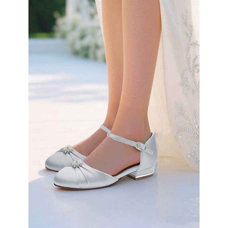 Women's Silver Satin Wedding Flats with Crystal Detail and Ankle Strap, Elegant and Comfortable, Ideal for Formal Weddings