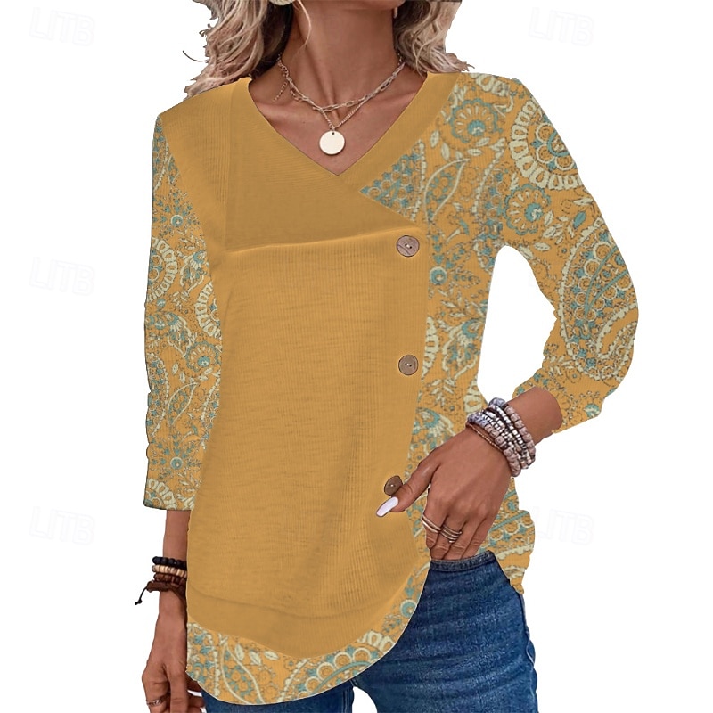 Women's Blouse Flower Modern Casual Long Sleeve V Neck Regular Tops Daily Holiday Patchwork Print Yellow Green Light Grey Light Blue Summer2