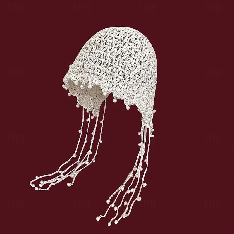 1pc Beige Color Retro Crochet Hollow Out Headband With Pearl And Tassel2