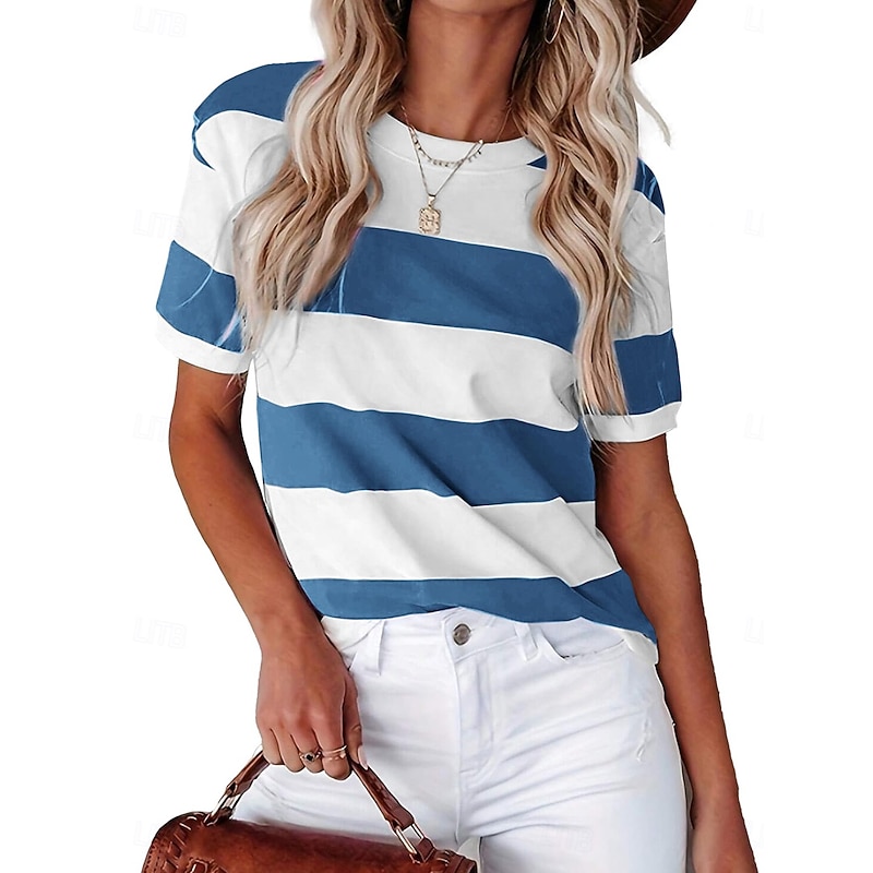 Women's T Shirt Graphic Striped Vintage Stylish Casual Short Sleeve Crew Neck Regular Tops Daily Weekend Print Black Blue Dusty Blue Orange Green Summer Spring