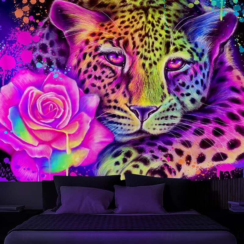 Sheena Pike Blacklight Tapestry Glow in the Dark Glow Party UV Reactive Trippy Misty Hanging Tapestry Wall Art Mural for Living Room Bedroom Neon Rainbow Leopard3