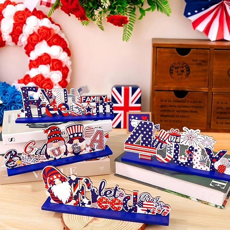 4 Pieces Patriotic Wooden Decorations 4th of July Independence Day Decorations Patriotic Table Decorations Wooden Table Centerpieces  Decorations for American Memorial Day Veteran Day Party Decor4