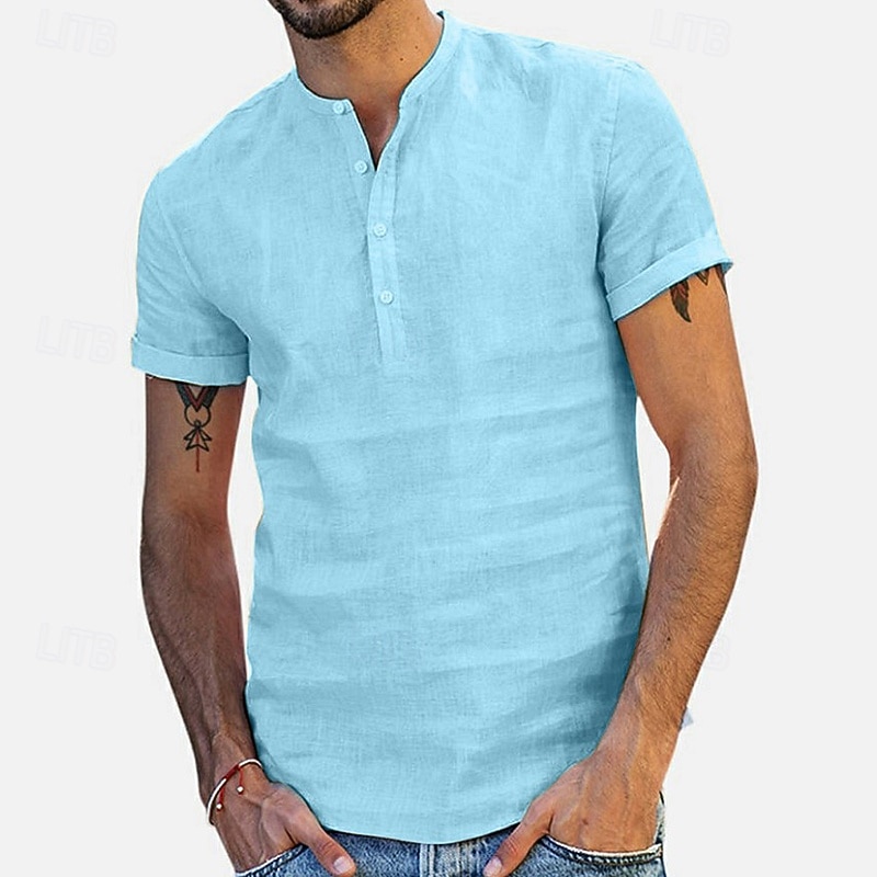 Men's Shirt Linen Shirt Band Collar Shirt Popover Shirt Summer Shirt Beach Wear Solid Color Vacation Casual Black White Sky Blue Gray Short Sleeves Shirt Collar Summer Spring Clothing Apparel