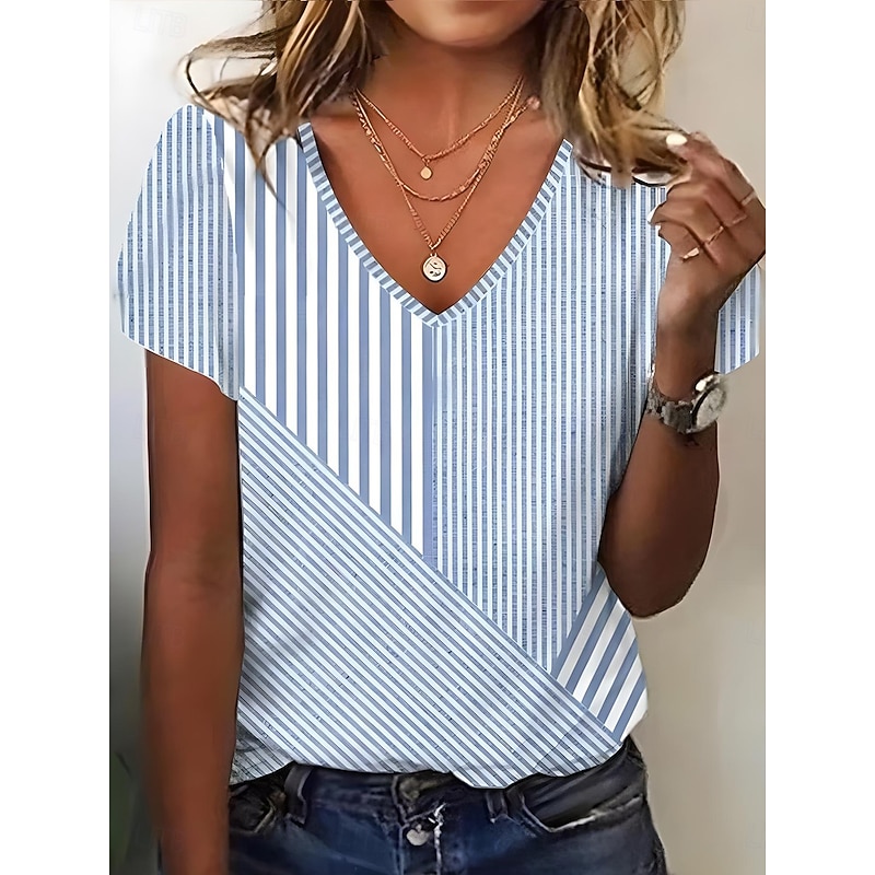 Women's T Shirt Striped Stylish Casual Short Sleeve V Neck Regular Tops Daily Print Pink Summer Spring4
