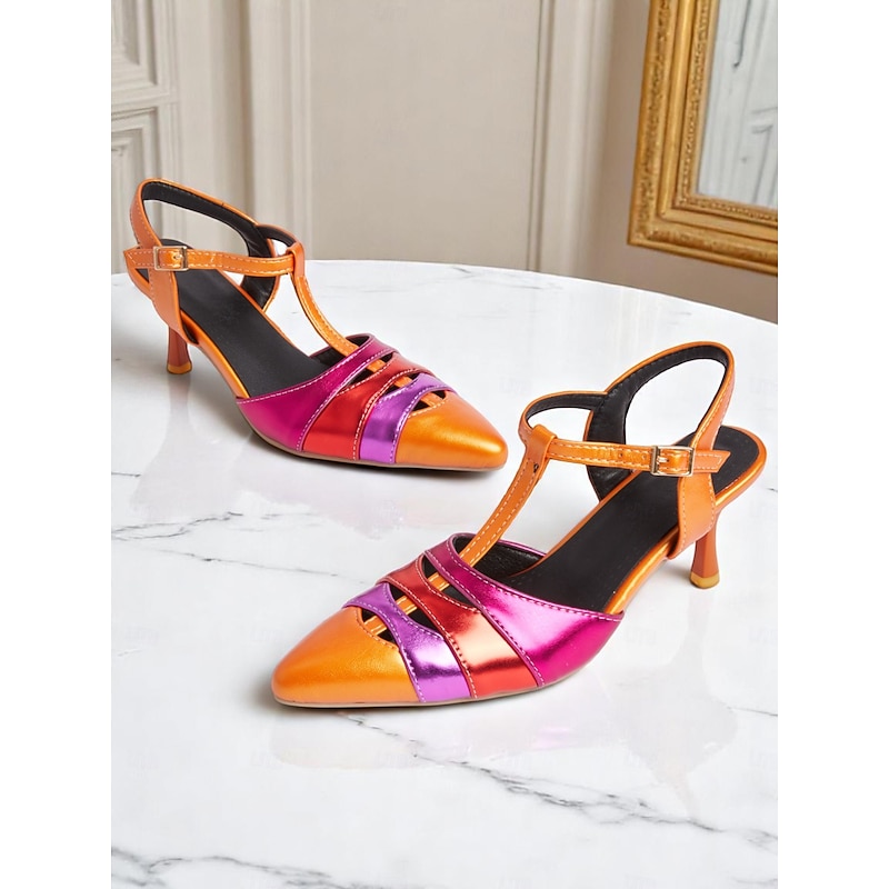 Women's Orange and Fuchsia Metallic T-Strap Heels – Colorblock Pointed Toe Retro Kitten Pumps for Dance Party, Nightclub, and 1950s Vintage Events4
