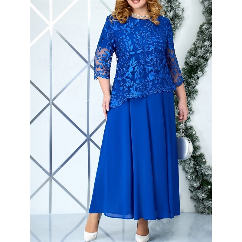 A-Line Plus Size Dress Mother of the Bride Curve Dress Elegant Crew Neck Ankle Length Lace 3/4 Length Sleeve with Solid Color4