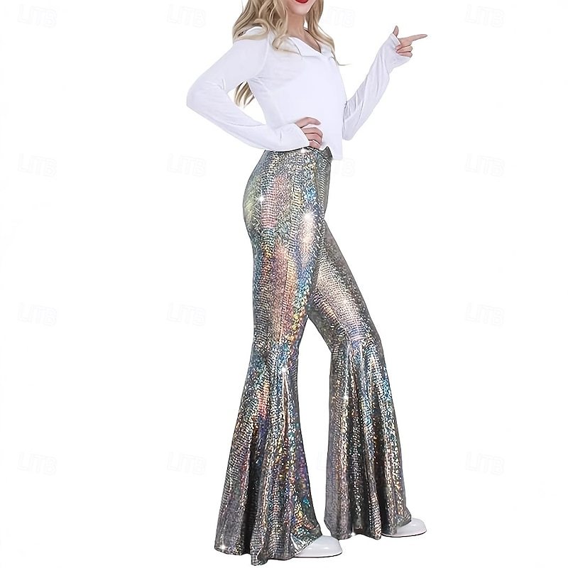 Retro Vintage 1970s Groovy Bell Bottom Pants Flared Trousers Disco High Waist Shiny Latex Patent Metallic Snakeskin Fancy Dress Women's Halloween Carnival Music Festival Retro Theme Party Adults'4