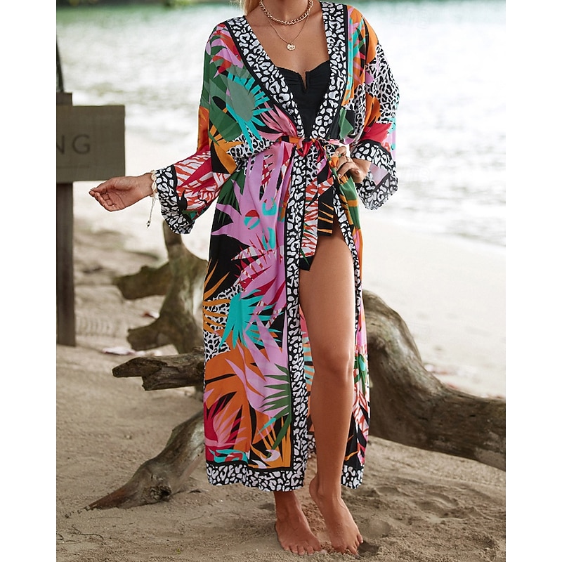 Women's Swimwear Cover Up Swimsuit Tie Front Tropical Beach Wear Flower V Neck Long Sleeve Bathing Suits4