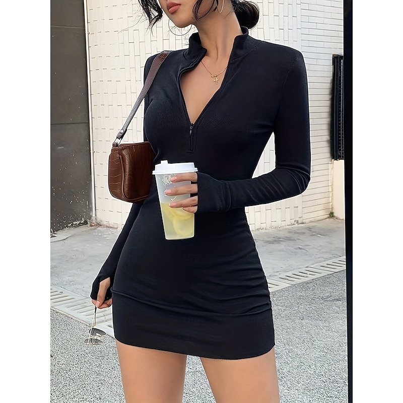 Women's Mini Dress Black Dress Cocktail Dress Formal Dress Elegant Dress Stylish Casual Form Fit Plain Long Sleeve Stand Collar Black Summer