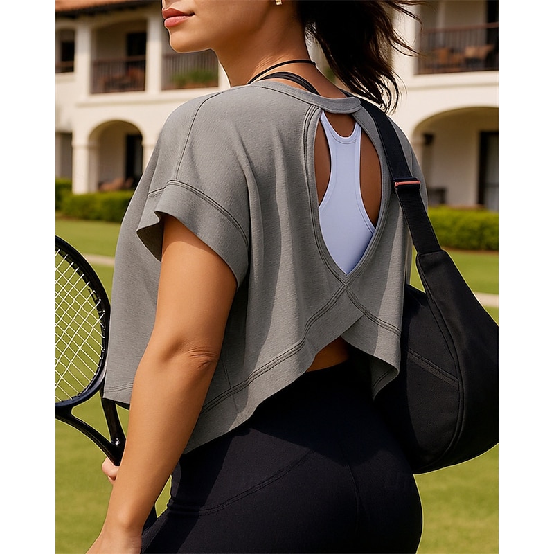 Women's Solid Colored Tennis Top Short Sleeves Backless Hole Sweat-Wicking Moisture Wicking Breathable Tennis Golf Pickleball Black Pink Gray Tennis Clothing3