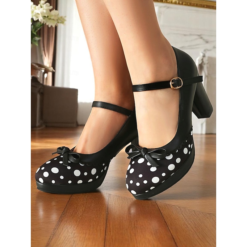 Women's Blue Polka Dot Block Heel Mary Janes – 1950s Vintage Style with Bows, Ideal for Tea Parties, Dates & Lolita Fashion
