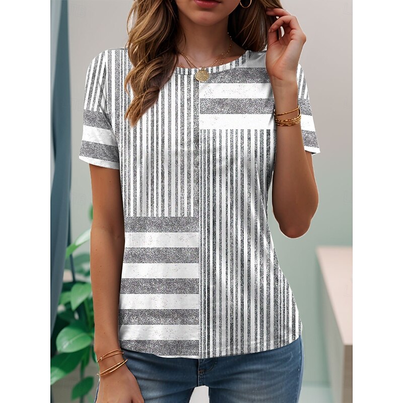 Women's T Shirt Graphic Striped Vintage Stylish Classic Short Sleeve Crew Neck Regular Tops Daily Weekend Print Pink Blue Purple Gray Summer Spring