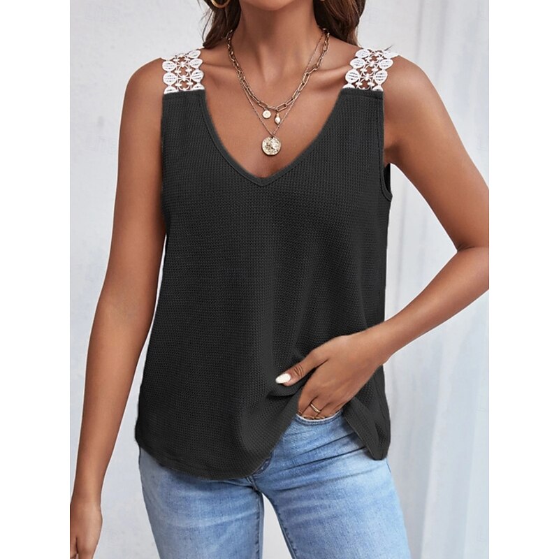 Women's Camisole Tank Top Solid Color Daily Casual Sleeveless V Neck Regular Tops Daily Lace Patchwork Black Pink Apricot Gray Summer4