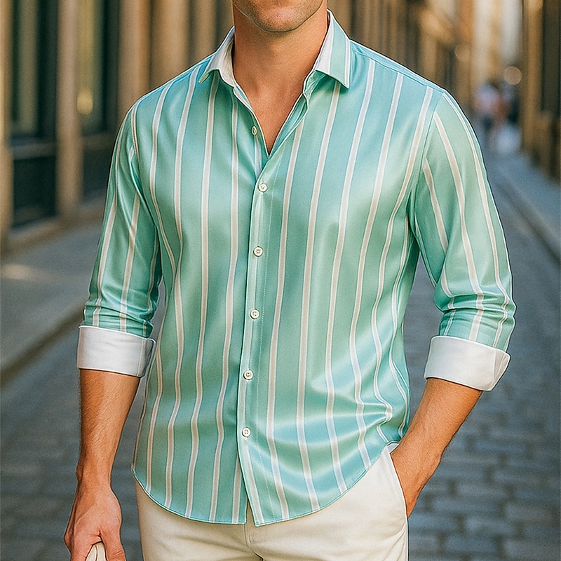 Men's Shirt Satin Shirt Striped Shirt Casual Shirt Button Up Shirt Striped Wedding Vacation Green Long Sleeve Collar Spring &  Fall Clothing Apparel