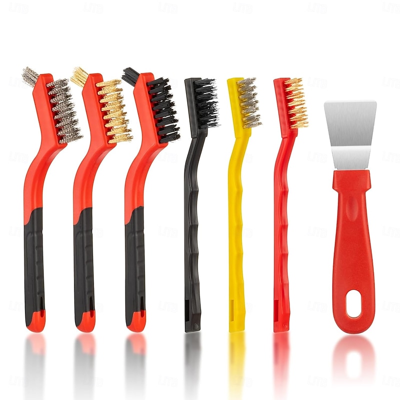 6 Pieces Wire Brush with 1 Pc Scraper Set - Small Stainless Steel  Brass and Nylon Brushes for Paint & Dirt Removal  Rust and Metal Cleaning - for Kitchen  Workshop and Small Deep Cleaning Tasks