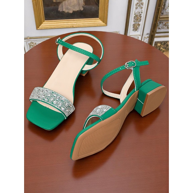 Women's Green Rhinestone Low Block Heel Sandals - Elegant Open-Toe Ankle Strap Shoes for Daily Dates and Summer Outings2