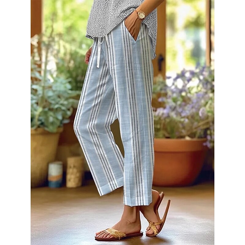 Women's Skinny Elegant Vacation Vintage Full Length High Waist Graphic Striped Geometric Pattern Printing Soft Breathable Micro-elastic Outdoor Daily Light Blue Light Blue-White Light Green Summer