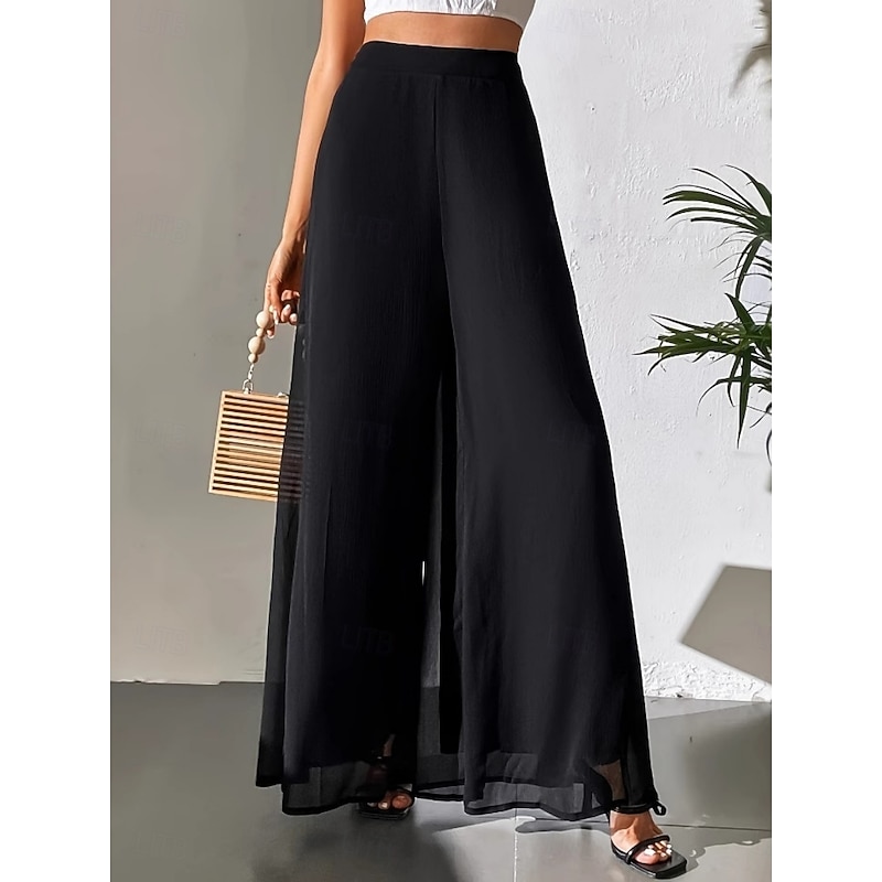 Women's Wide Leg Chinos Vacation Vintage Fashion Full Length High Waist Plain Pocket Elastic Waistband Comfy Soft Comfortable Micro-elastic Outdoor Street Black Summer Spring Loose Fit4