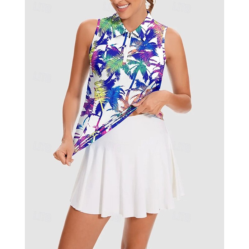 Women's Tropical Tennis Shirt Sleeveless Print UPF50+ Quick Dry Tennis Golf Outdoor Exercise Zip Collar Tee Tshirt Top Blue Tennis Clothing4