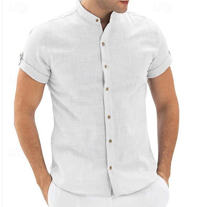 Men's Shirt Linen Shirt Band Collar Shirt Popover Shirt Summer Shirt Beach Wear Solid Color Vacation Street White Navy Blue Sky Blue Short Sleeve Mandarin Collar Summer Spring Clothing Apparel2