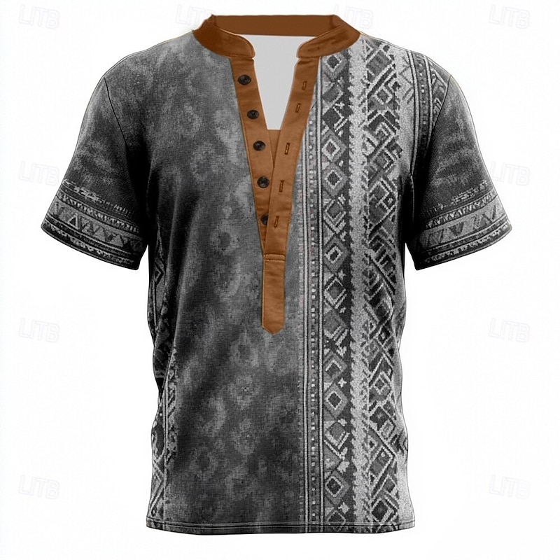 Men's Tribal Ethnic T Shirt Henley Shirt Tee Short Sleeve Designer Basic Ethnic Outdoor Casual Daily Summer Green Khaki Gray Henley Henley T-Shirt3
