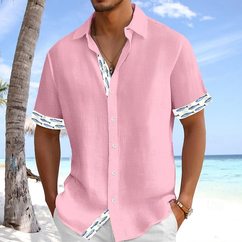 Men's Linen Shirt Summer Shirt Beach Wear Summer Hawaiian Shirt Button Up Shirt Fish Vacation Holiday White Pink Blue Green Short Sleeve Turndown Summer Spring Clothing Apparel2