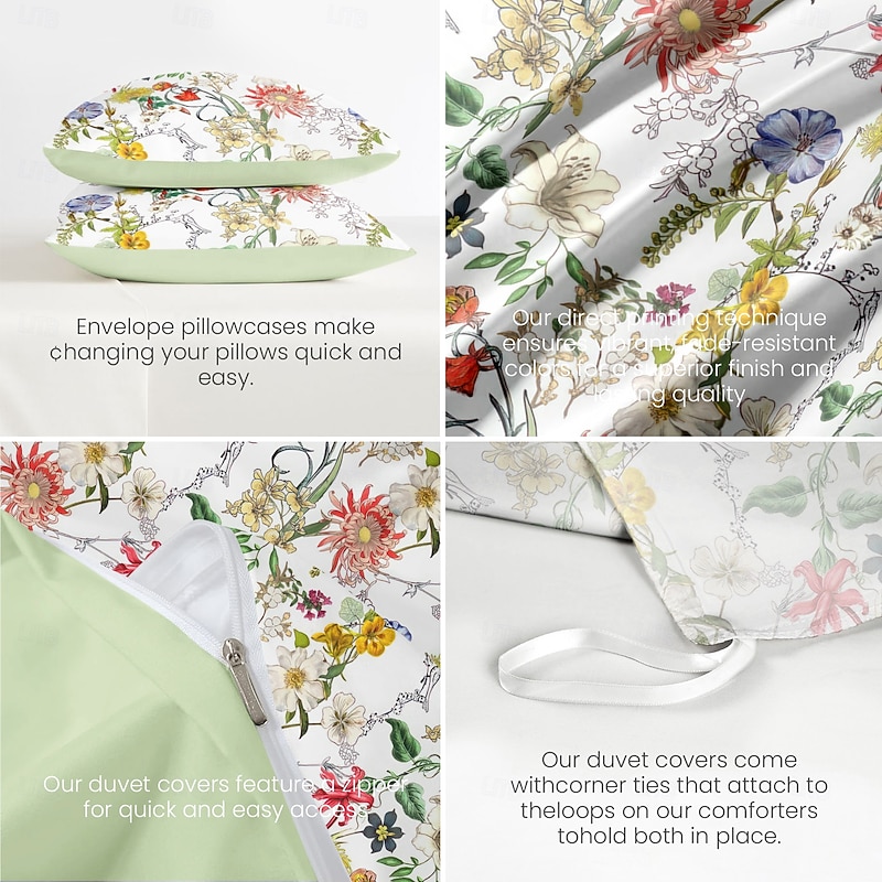 Flowers Duvet Cover 100% Cotton Full Size Bedding Set Bed Sets Quilt Cover Soft Lightweight Comforter Cover with 2 Pillowcases for All Season4