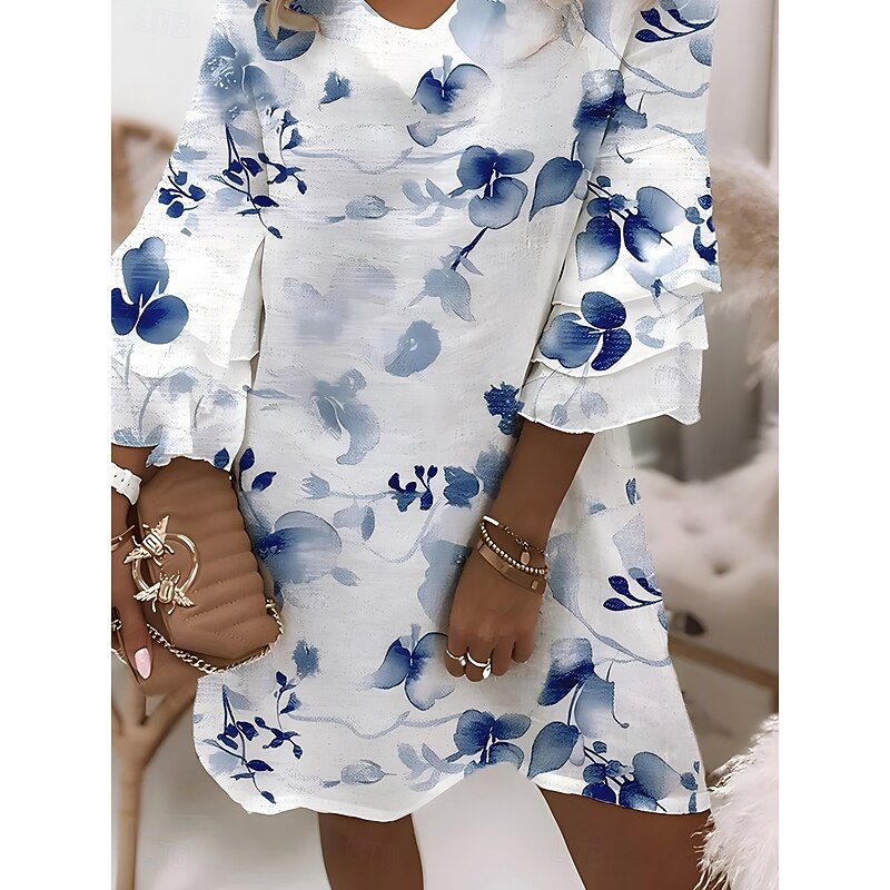 Women's Mini Dress A Line Dress Sundress Summer Dress Boho Party Regular Fit Layered Ruffle 3/4 Length Sleeve V Neck Light Blue Light Green Purple Summer3