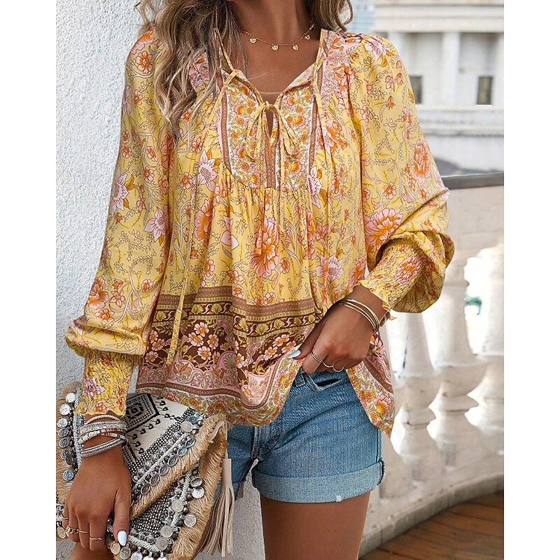 Women's Boho Shirt Blouse Flower Modern Boho Long Sleeve V Neck Regular Tops Daily Going out Print Yellow Pink Navy Blue Blue Orange Summer4