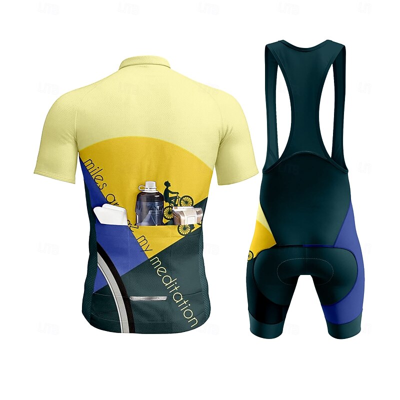 Men's Cycling Jersey with Bib Shorts Short Sleeve Yellow Bike Sports Graphic Geometric Letter & Number Clothing Apparel2