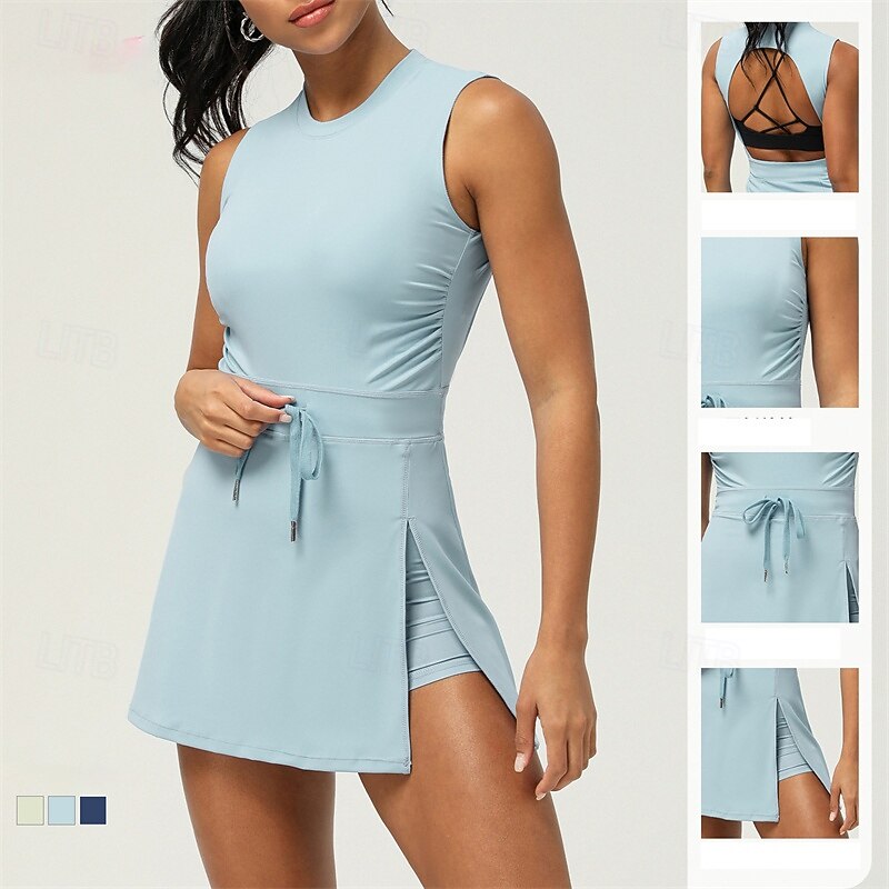 Women's Tennis Dress with Shorts Sports Dress Sleeveless Ruched Backless Drawstring Breathable Moisture Wicking Tennis Golf Running Solid Colored Open Back Light Green Dark Navy Light Blue Tennis3