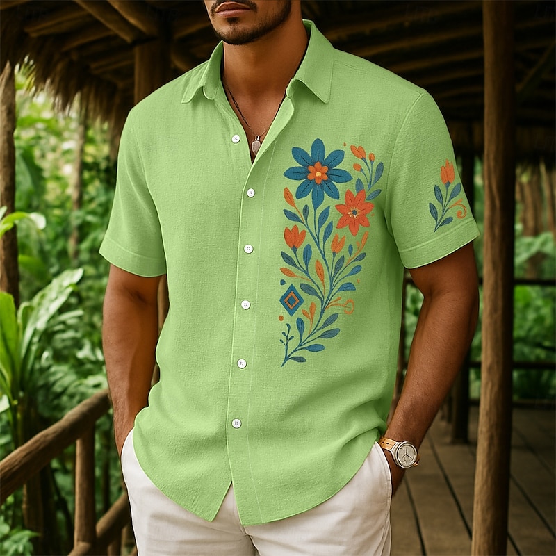 Men's Shirt Linen Shirt Summer Shirt Beach Wear Button Up Shirt Floral Vacation Curise Pink Navy Blue Green Khaki Short Sleeve Collar Summer Spring & Summer Clothing Apparel4