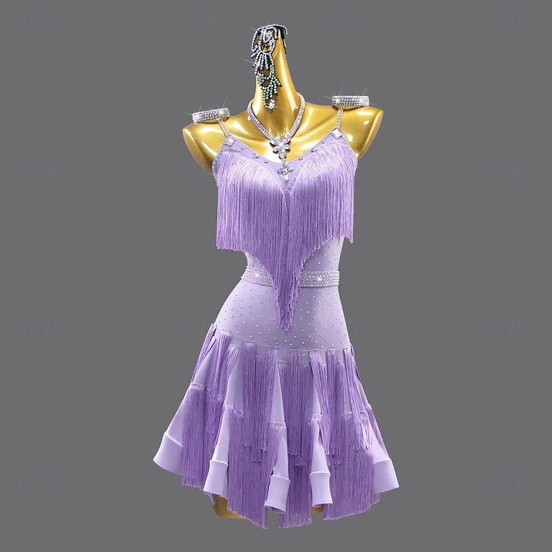 Latin Dance Dress Crystal / Rhinestone Tassel Splicing Women's Performance Training Sleeveless Chinlon Spandex