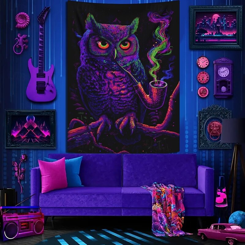 Blacklight Tapestry Glow in the Dark Glow Party UV Reactive Animal Owls Trippy Misty Hanging Tapestry Wall Art Mural for Living Room Bedroom2