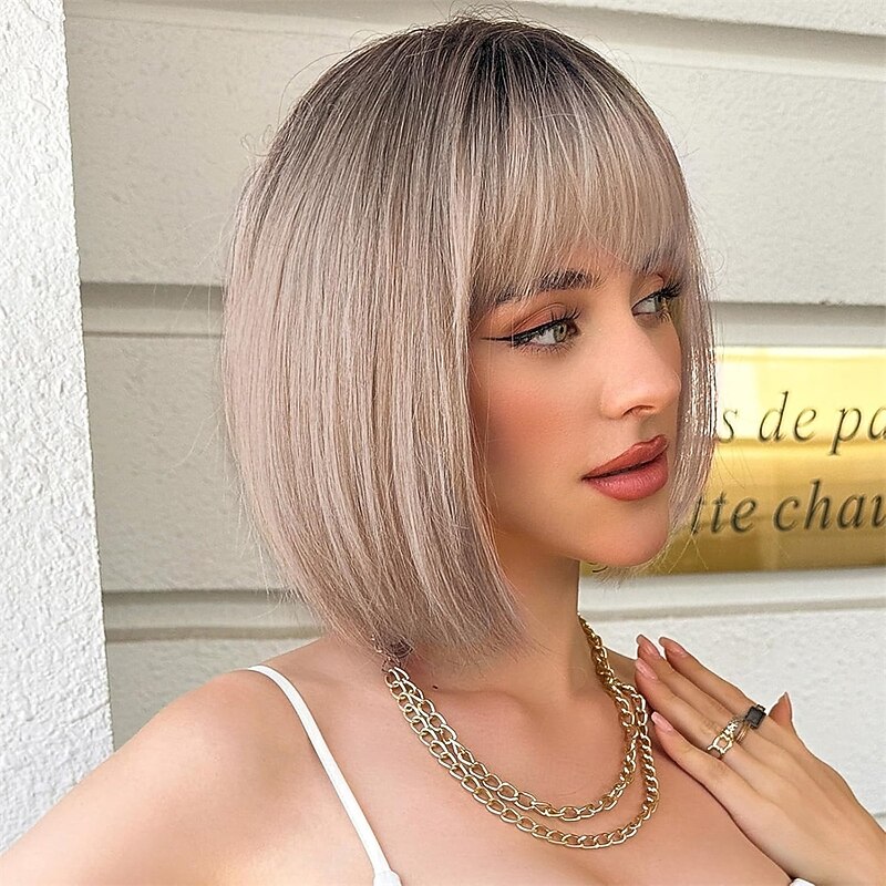 Blonde Bob Wigs for Women Synthetic Wig with Fringe