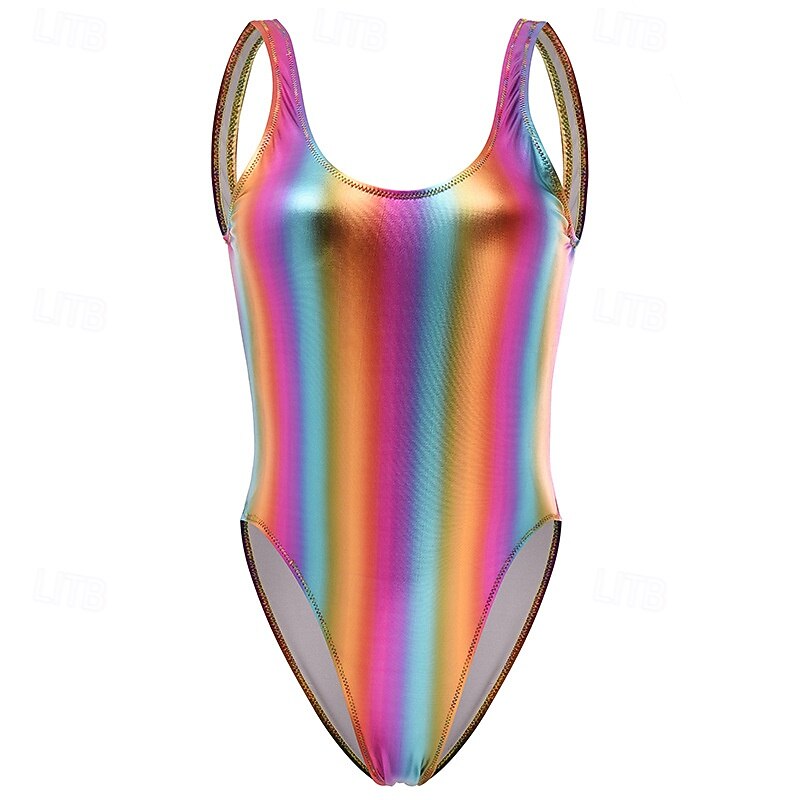 Retro Vintage 1980s Rave Swimsuit One Piece Bodysuits Disco Shiny Latex Patent Metallic Rainbow Fancy Dress Women's Halloween Carnival Music Festival Beach Vacation Wear Pride Parade Adults' Leotard