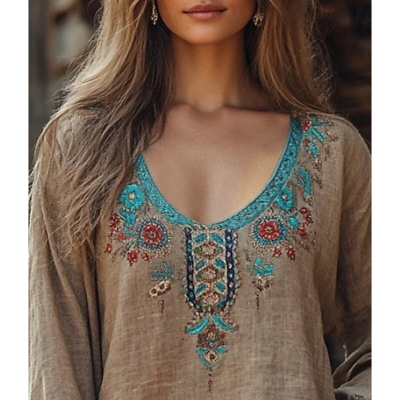 Women's Western Blouse Boho Shirt Blouse Flower Boho Long Sleeve V Neck Regular Tops Daily Going out Print Camel Khaki Summer2