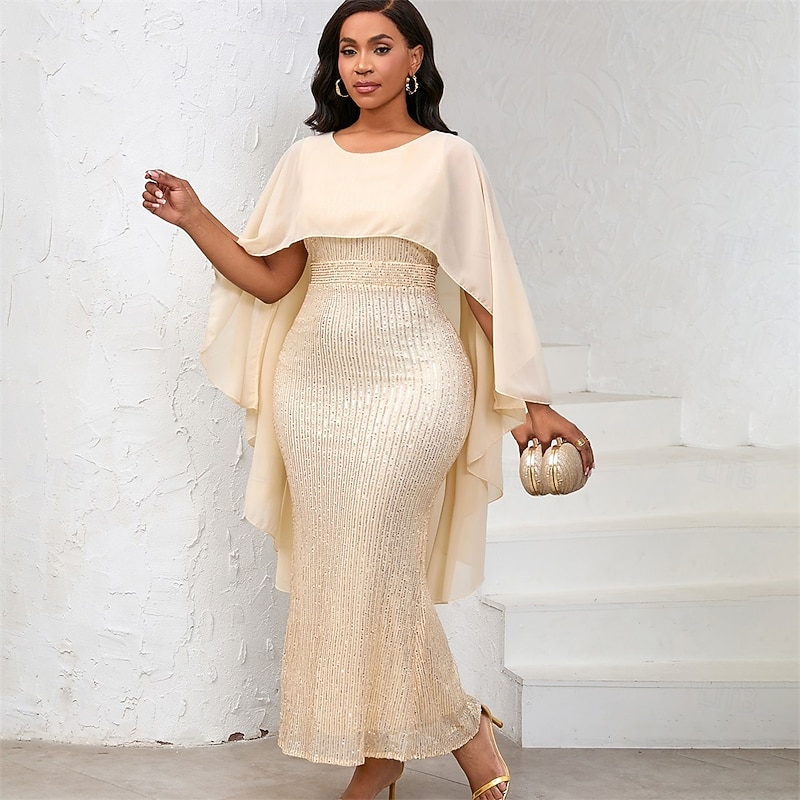 Dress Mother of the Bride Dress Elegant Crew Neck Floor Length Chiffon 3/4 Length Sleeve with Sequin3