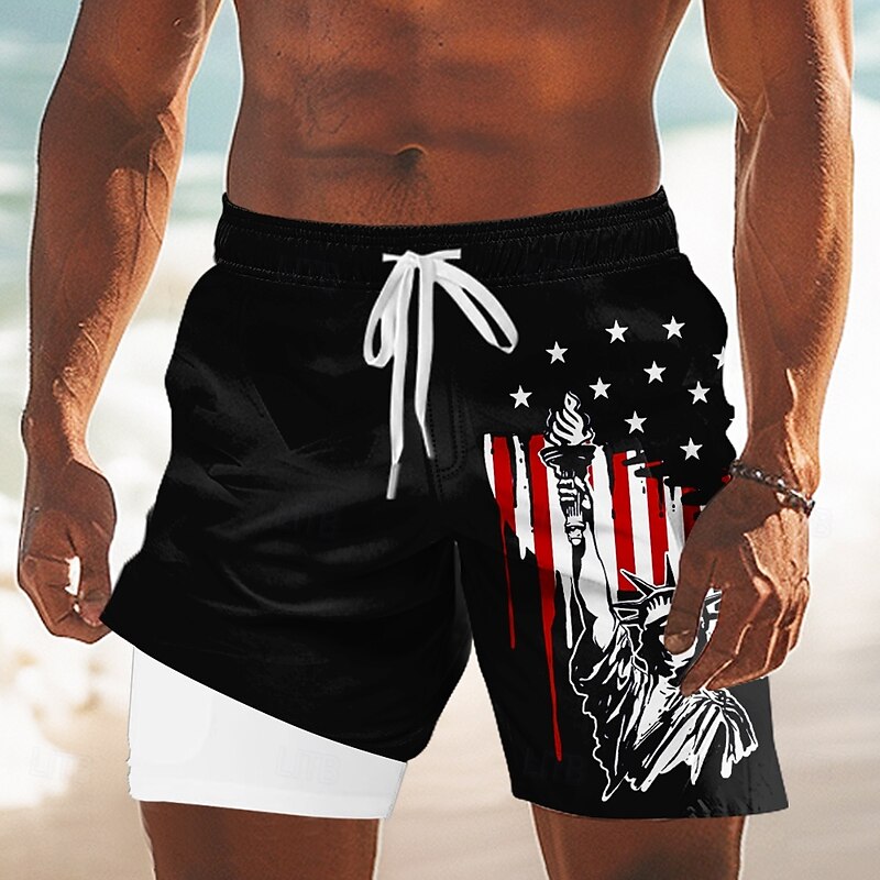 Independence Day Men's Flag Statue Of Liberty Patriotic Lined Shorts 2 in 1 Board Shorts Swim Trunks Mid Waist Holiday Side Pockets With Compression Liner Elastic Drawstring Waist Designer Clothing