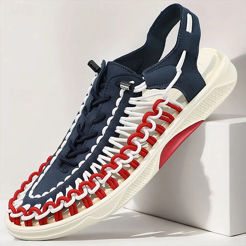 Men's Sneakers Red and Navy Running Shoes with Unique Lacing Design and Cushioned Sole for Sports and Casual Wear