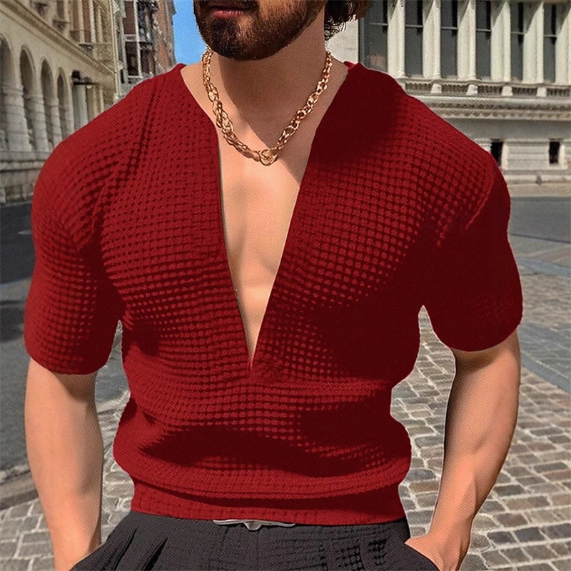 Men's Waffle Tee T Shirt Tee Short Sleeve Shirt Short Sleeve Deep V Summer Plain Fashion Designer Basic Jacquard Vacation Street Going out Black Red Navy Blue Top Tee for Men