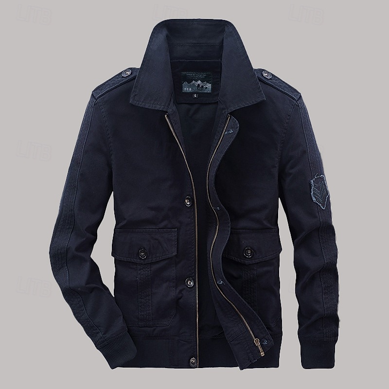 Men's Cargo Jacket Transition Jacket Going out Wearproof Pocket All Seasons Plain Classic Lapel Regular Navy Blue Khaki Army Green Jacket