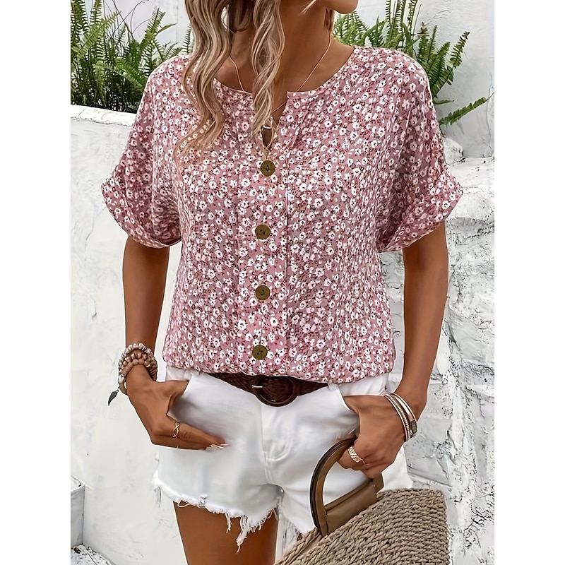 Women's Blouse Button Down Floral Stylish Casual Short Sleeve Crew Neck Regular Tops Daily Buttons Print Pink Navy Blue Orange Summer