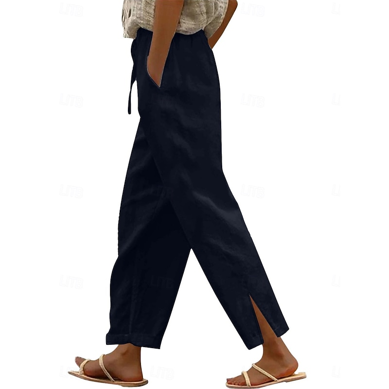 Women's Cotton Linen Pants Solid Color Chinos Vacation Fashion Casual Long High Waist Plain Pocket Drawstring Comfort Outdoor Micro-elastic Vacation Street Daily Camel Wine Black White Summer4