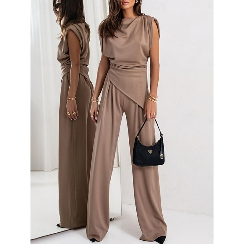 Women's Elegant Fashion Streetwear Pants Sets Sleeveless Crew Neck Solid Color Ruched Formal Casual Daily Dark Grey White Khaki Summer Regular Fit4