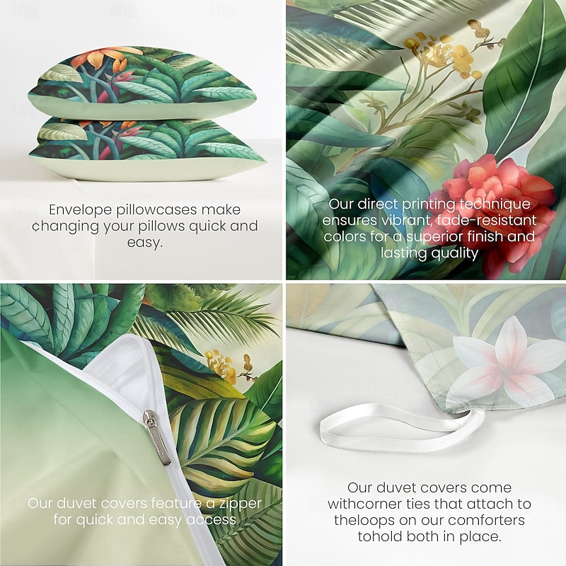Tropical Plants Flowers Duvet Cover 100% Cotton Full Size Bedding Set Bed Sets Quilt Cover Soft Lightweight Comforter Cover with 2 Pillowcases for All Season4