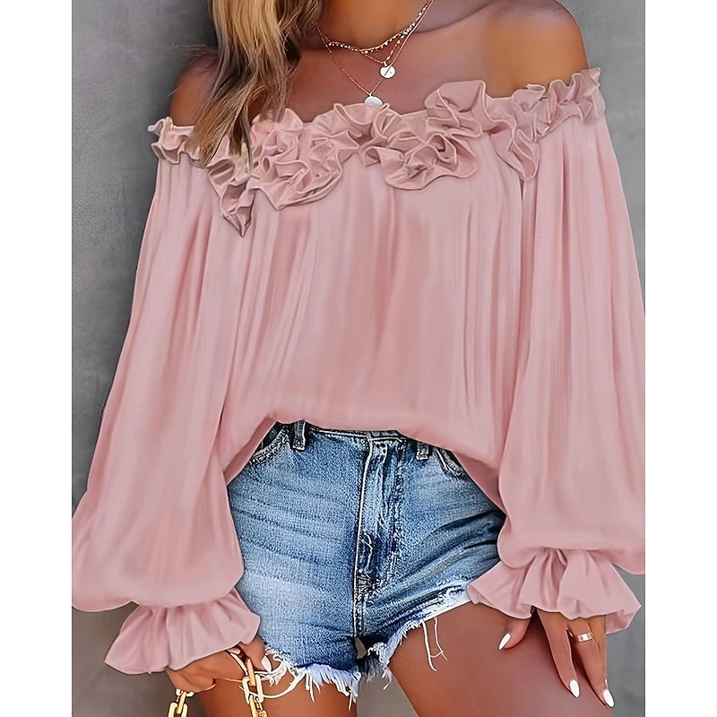 Women's Shirt Blouse Plain Modern Casual Long Sleeve Off Shoulder Regular Tops Daily Holiday Going out Ruffle Backless Black White Pink Blue Summer