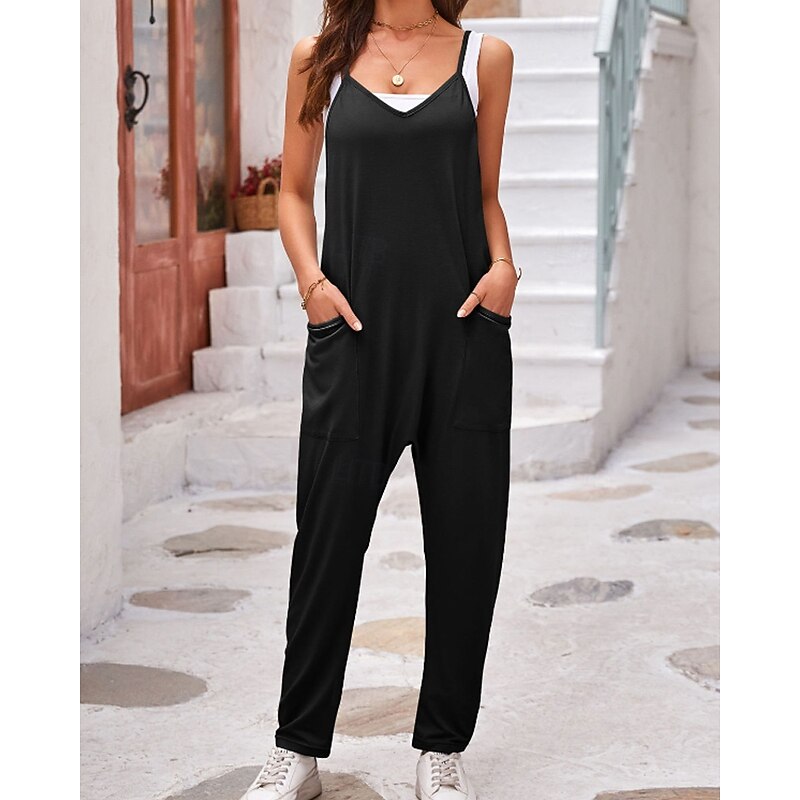 Women's Normal Jumpsuit Streetwear Solid Color Sleeveless V Neck Pocket Street Going out Regular Fit Black Army Green Khaki Summer3
