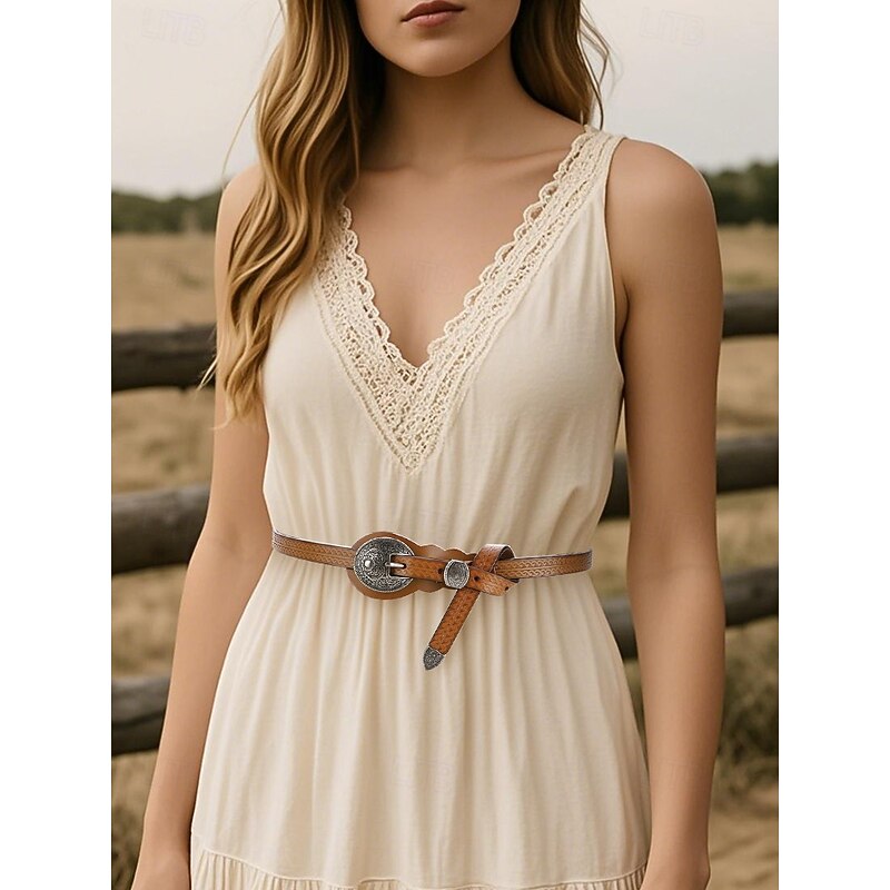 Women's Faux Leather Carved Western Waist Belt with Vintage Silver Buckle for Boho Dresses, Summer Concerts and Country Wedding Outfits2