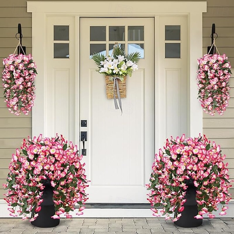 2 Pack Artificial Fake Hanging Flowers Plants for Outdoor Outside Spring Summer Decoration Faux Silk UV Resistant Realistic Morning Glory Trailing Vines for Home Porch Patio Balcony3